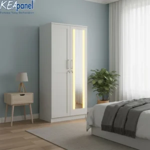 Kea Panel – Lemari Pakaian Baju Cermin Lampu LED 2 Pintu Putih – Minimalis Modern & Multifungsi
